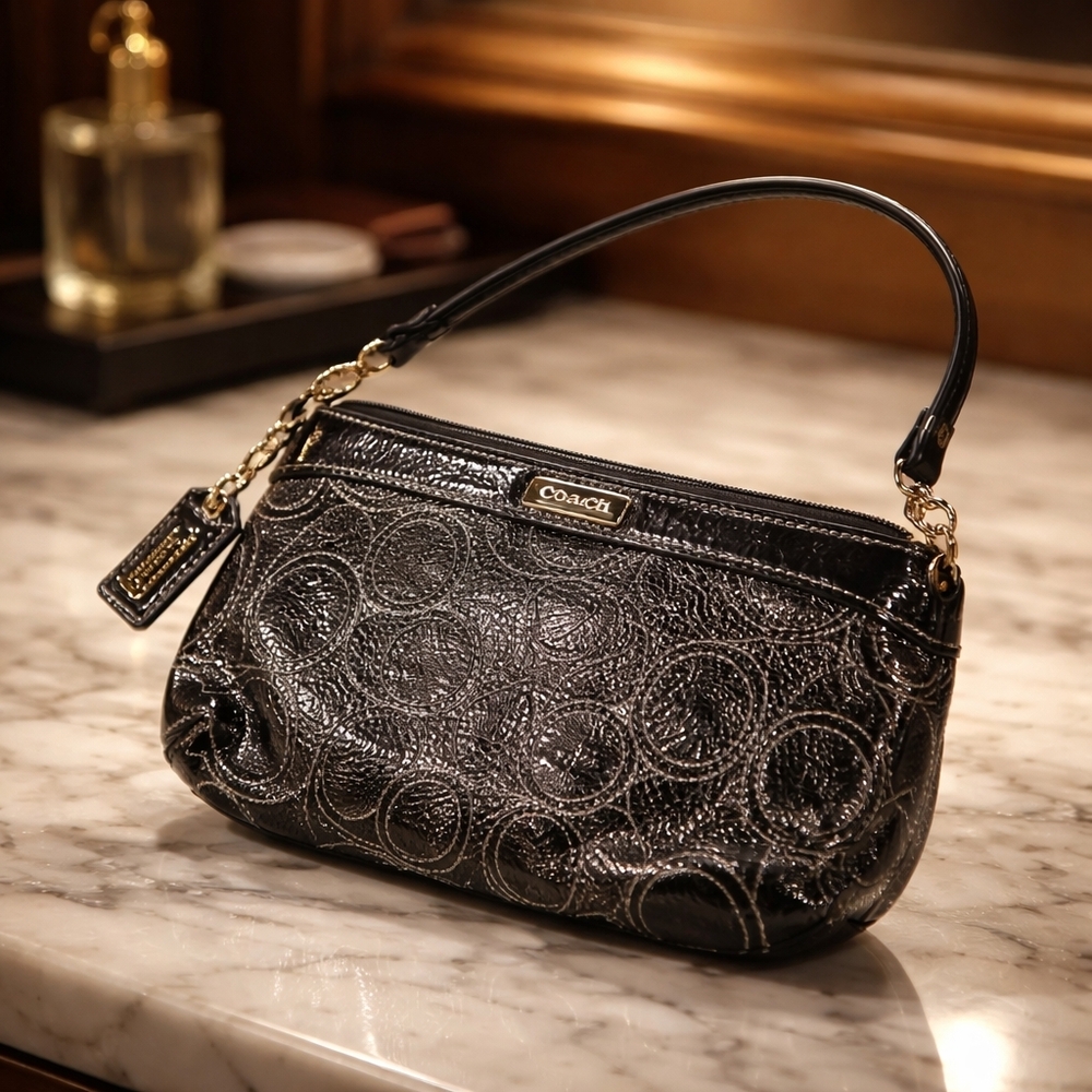 EUC Coach Black Signature Stitched Design Leather Wristlet
